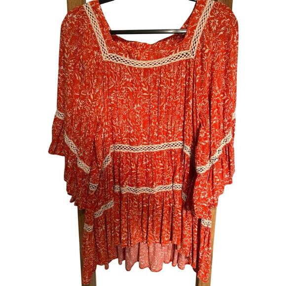 Free People Talk About It Tunic Top Bell Sleeves Orange Floral Size Medium - Picture 7 of 12
